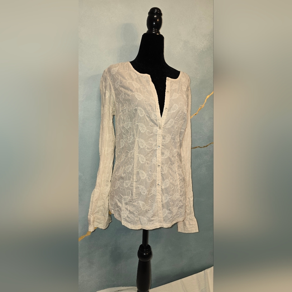 Tommy Hilfiger 100% Cotton Ivory White Embroidered Button Down Top Xs/s